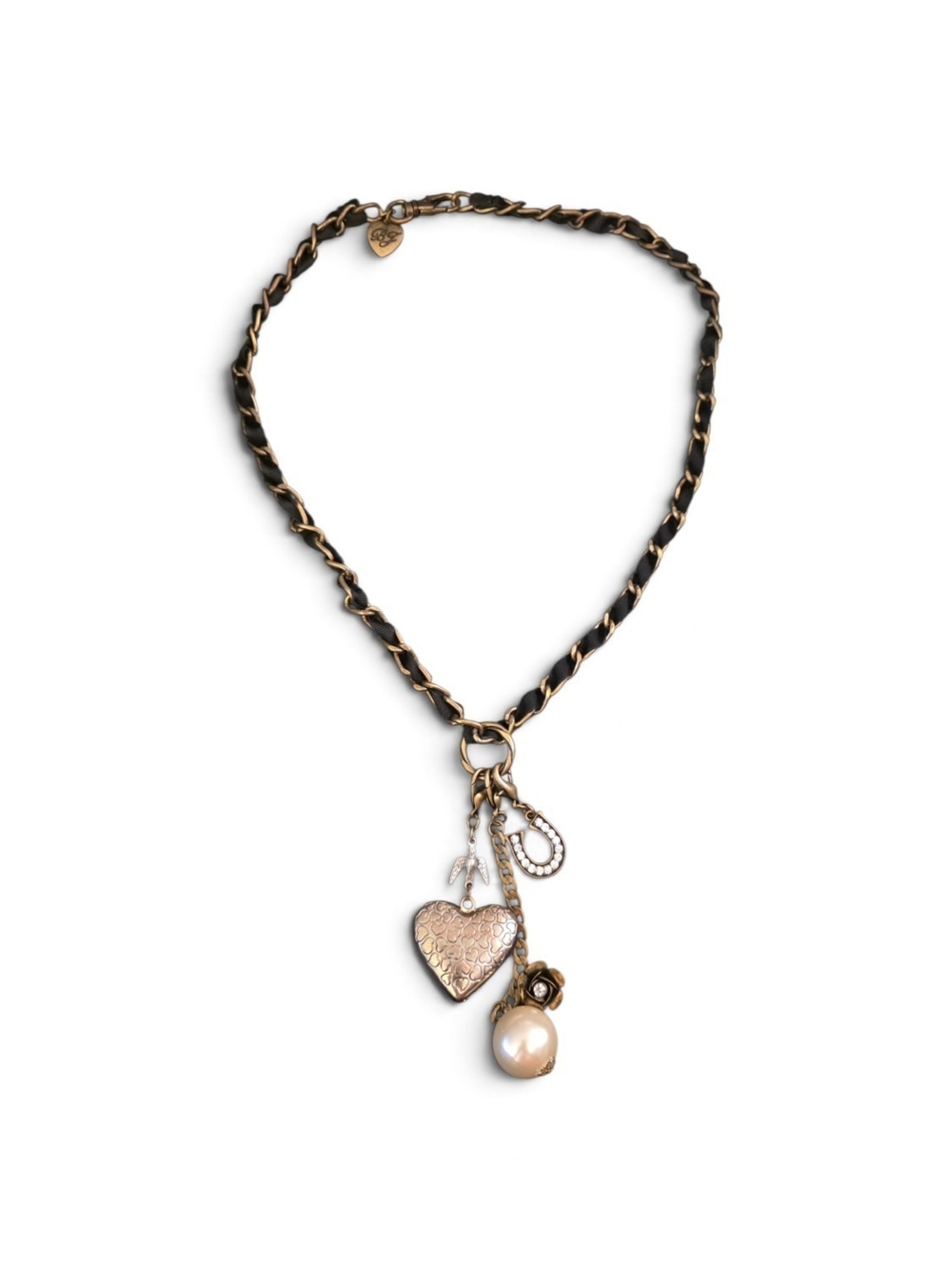 Betsey Johnson Gold & Black Chain Necklace with Heart, Pearl & Charm Cluster